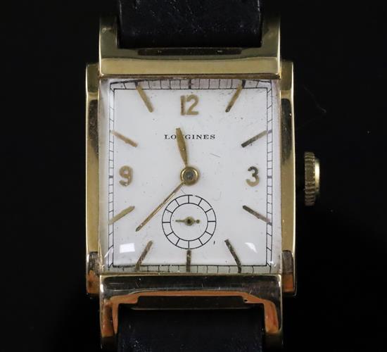 A gentlemans stylish 1930s? 14k gold Longines manual wind wrist watch,